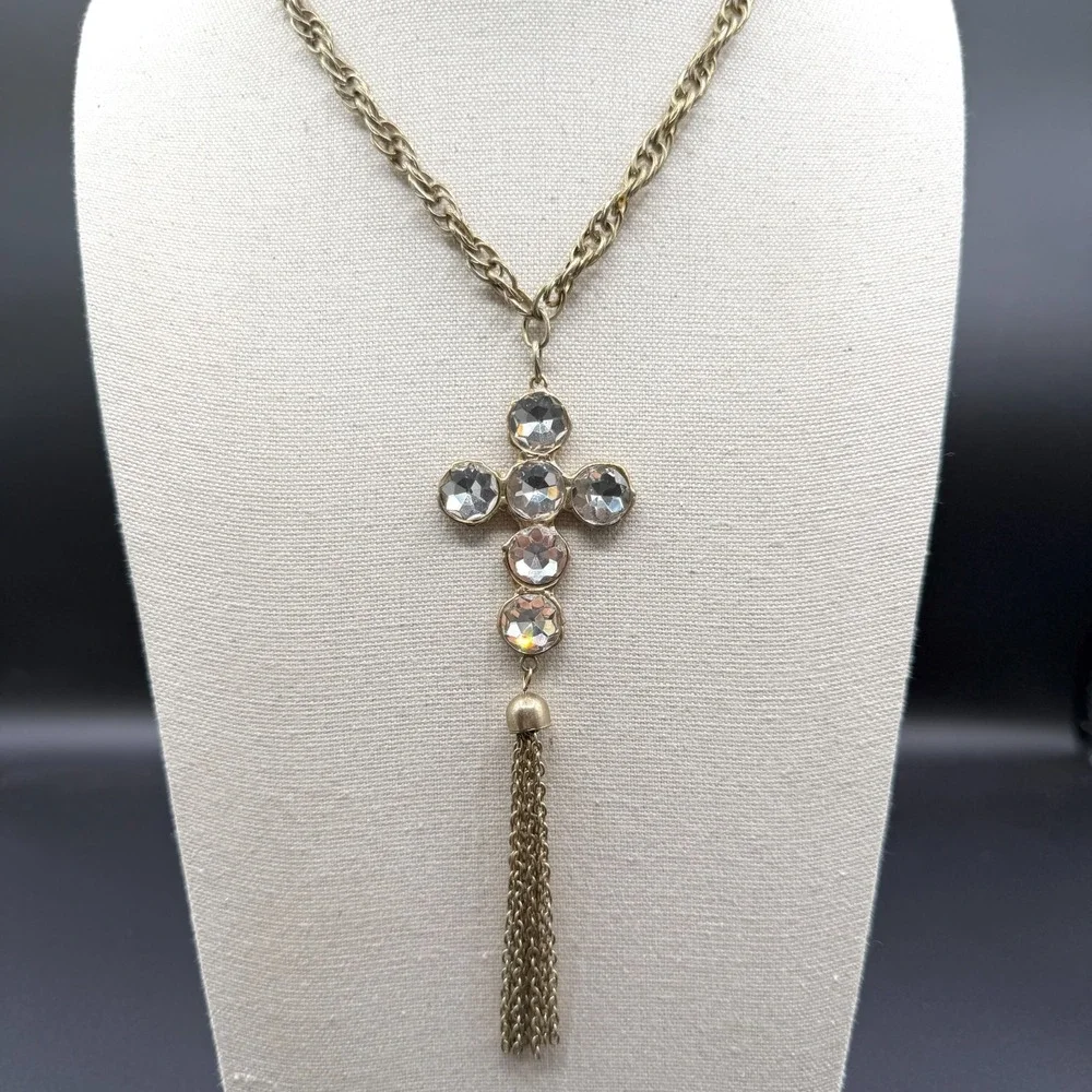 Crystal Rhinestone Cross Pendant Necklace Gold Tone Chain Tassel Statement Gift